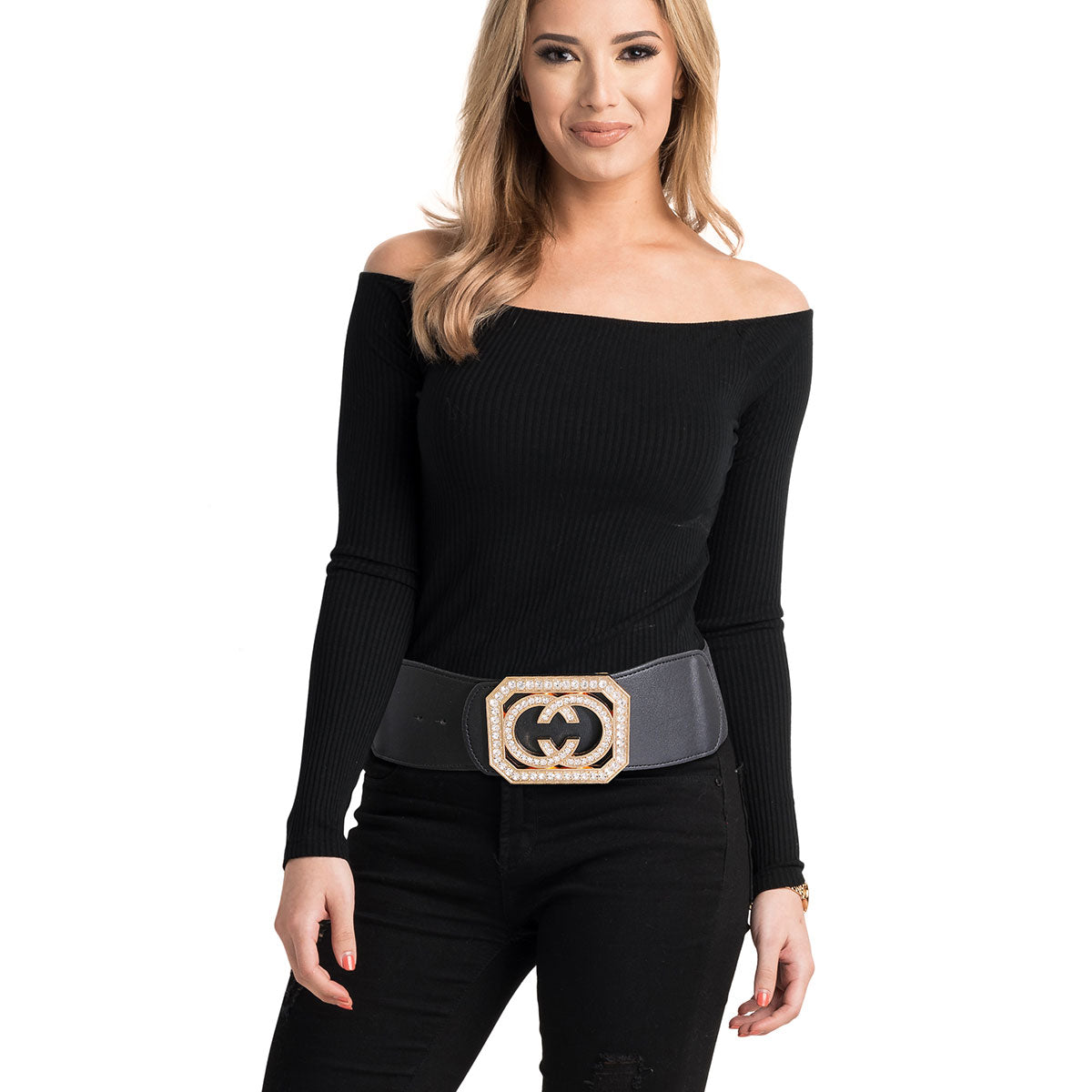 Black and Gold Square CC Wide Stretch Belt