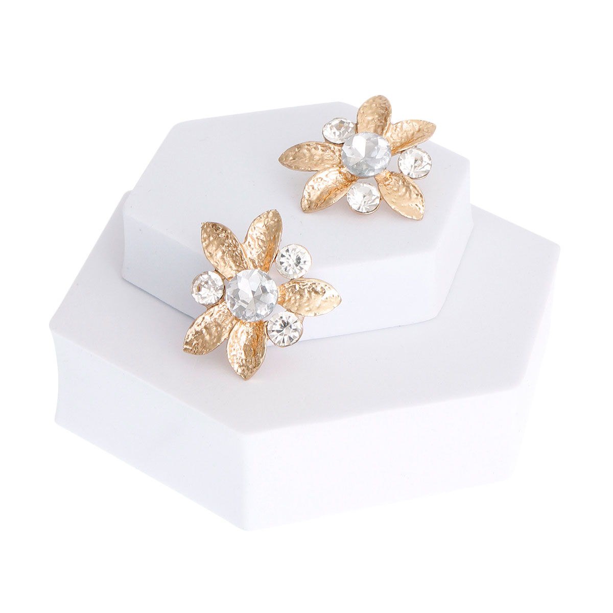 Gold Textured Leaf Crystal Studs