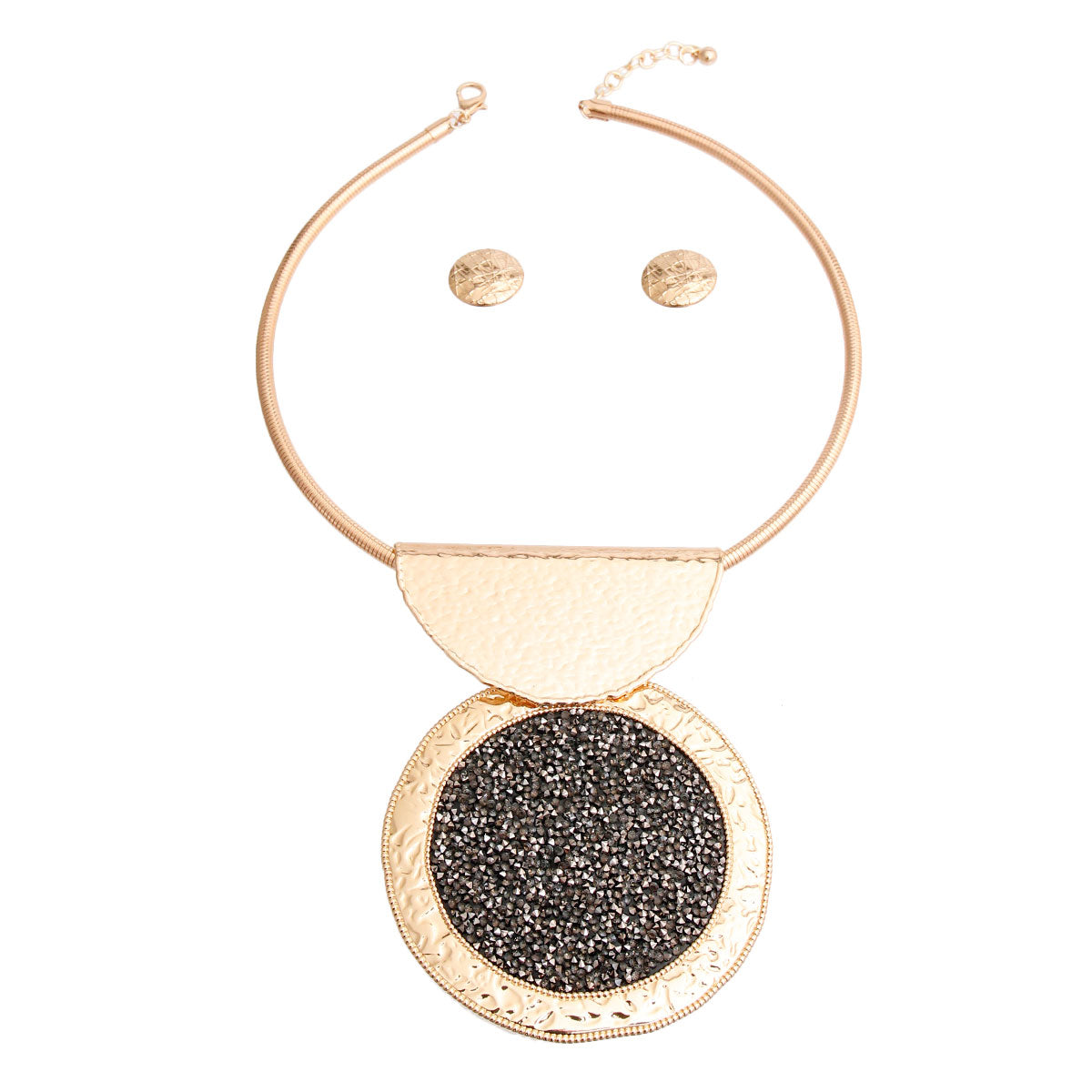 Black Rhinestone Crusted Circle Pendant Set