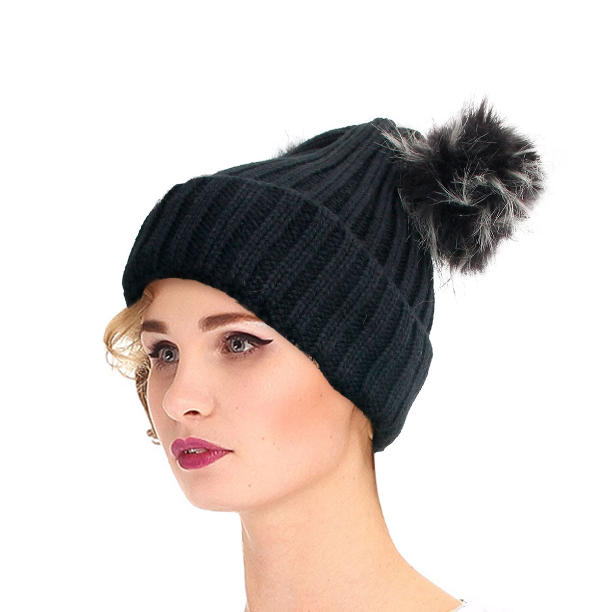 Black Knit Double Pom Pom Hat