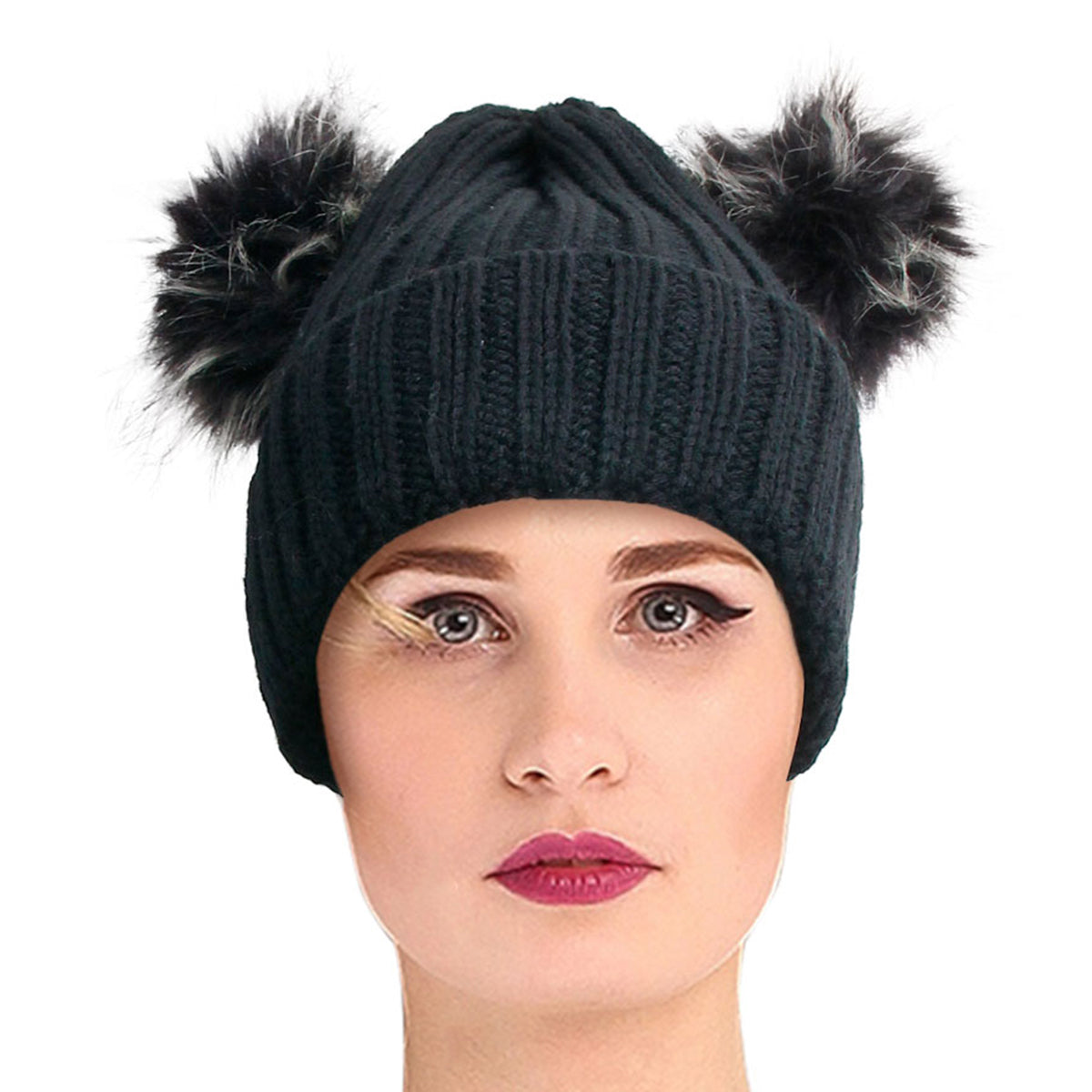 Black Knit Double Pom Pom Hat