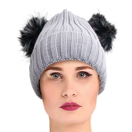 Gray Blue Knit Double Pom Pom Hat