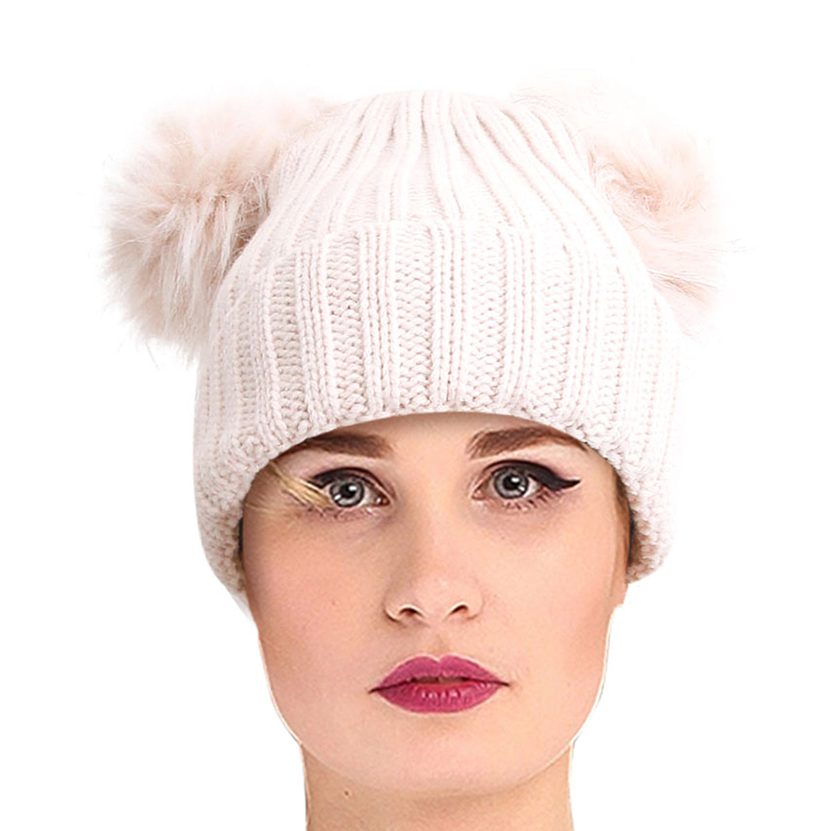 Light Brown Knit Double Pom Pom Hat