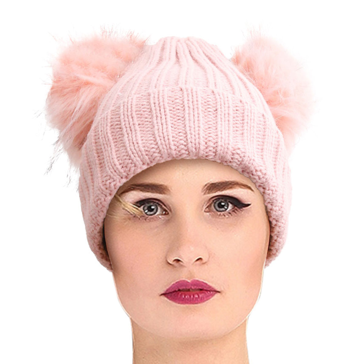 Mauve Knit Double Pom Pom Hat