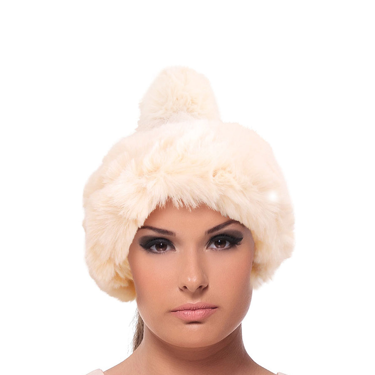 Cream Knit Fur Pom Pom Hat