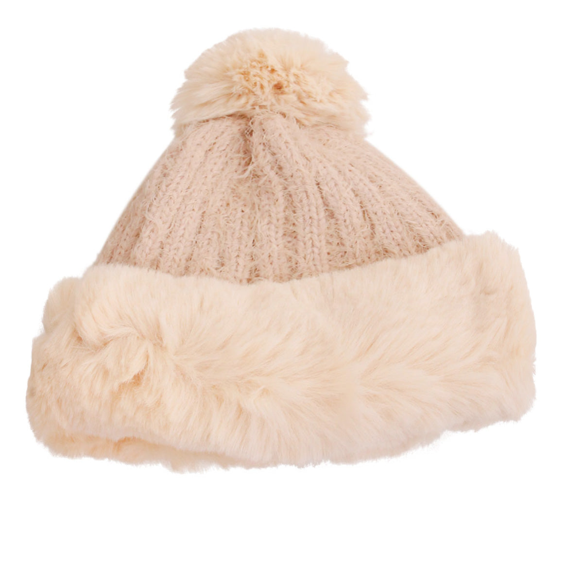 Cream Knit Fur Pom Pom Hat