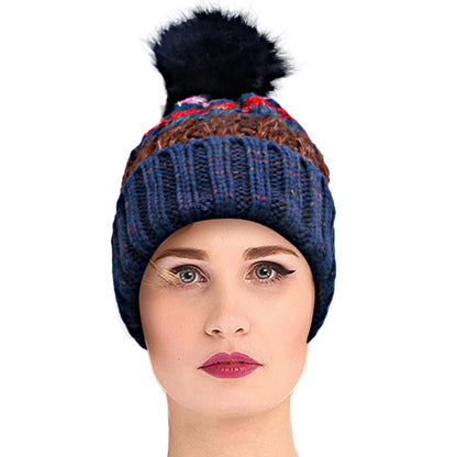 Blue Stripe Knit Fleece Lined Hat