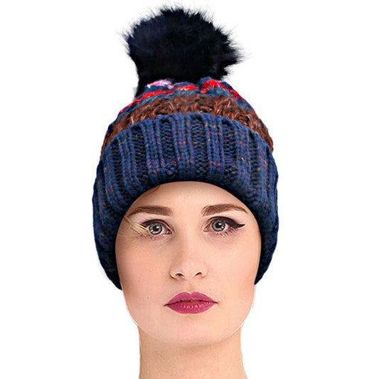 Blue Stripe Knit Fleece Lined Hat