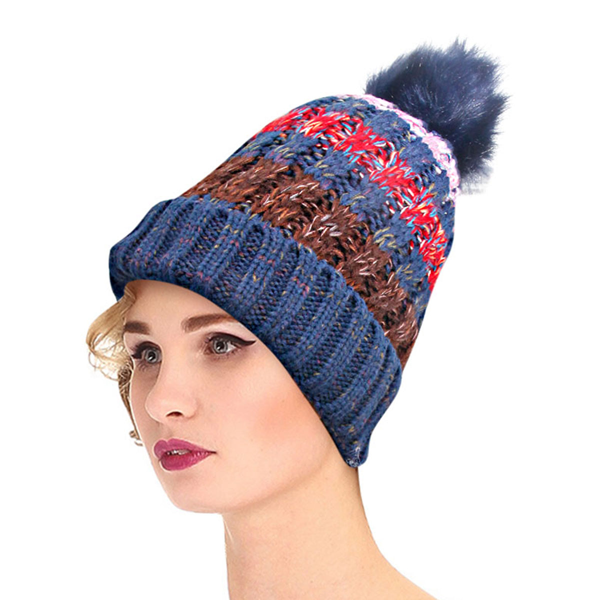 Blue Stripe Knit Fleece Lined Hat