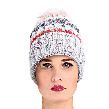 Gray Stripe Knit Fleece Lined Hat
