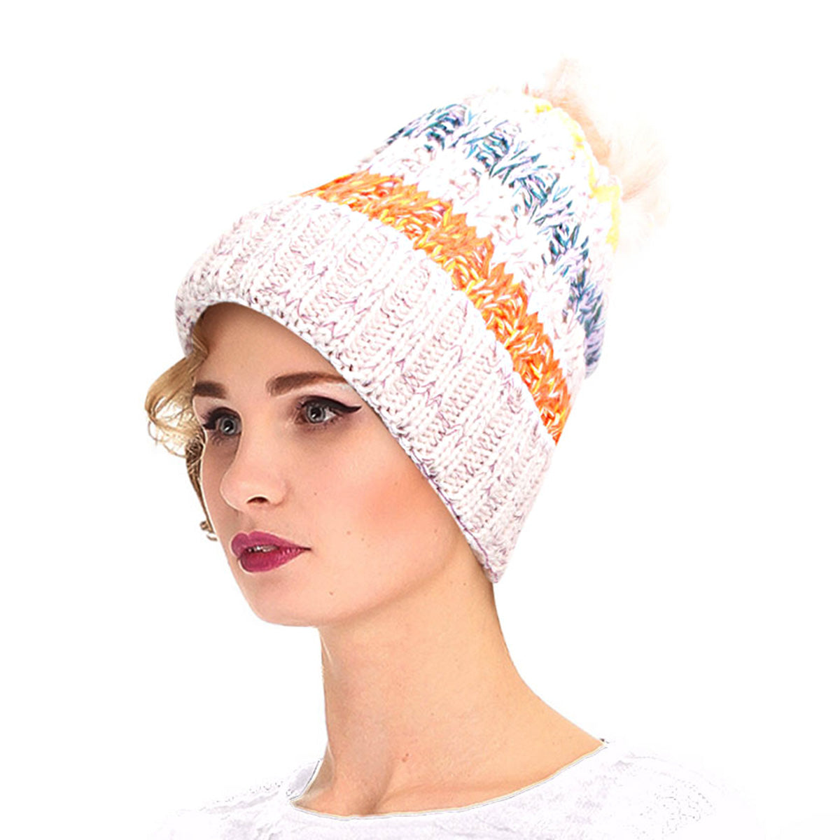 Light Brown Stripe Knit Fleece Lined Hat