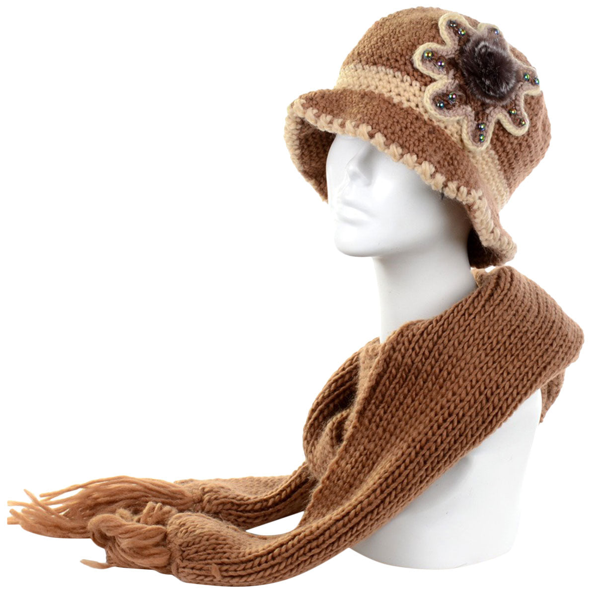 Brown Knit Scarf and Bucket Hat Set