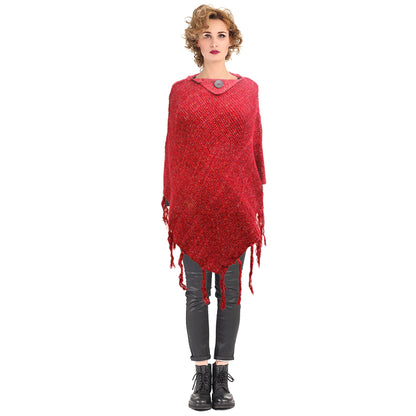 Burgundy Knit Button Poncho