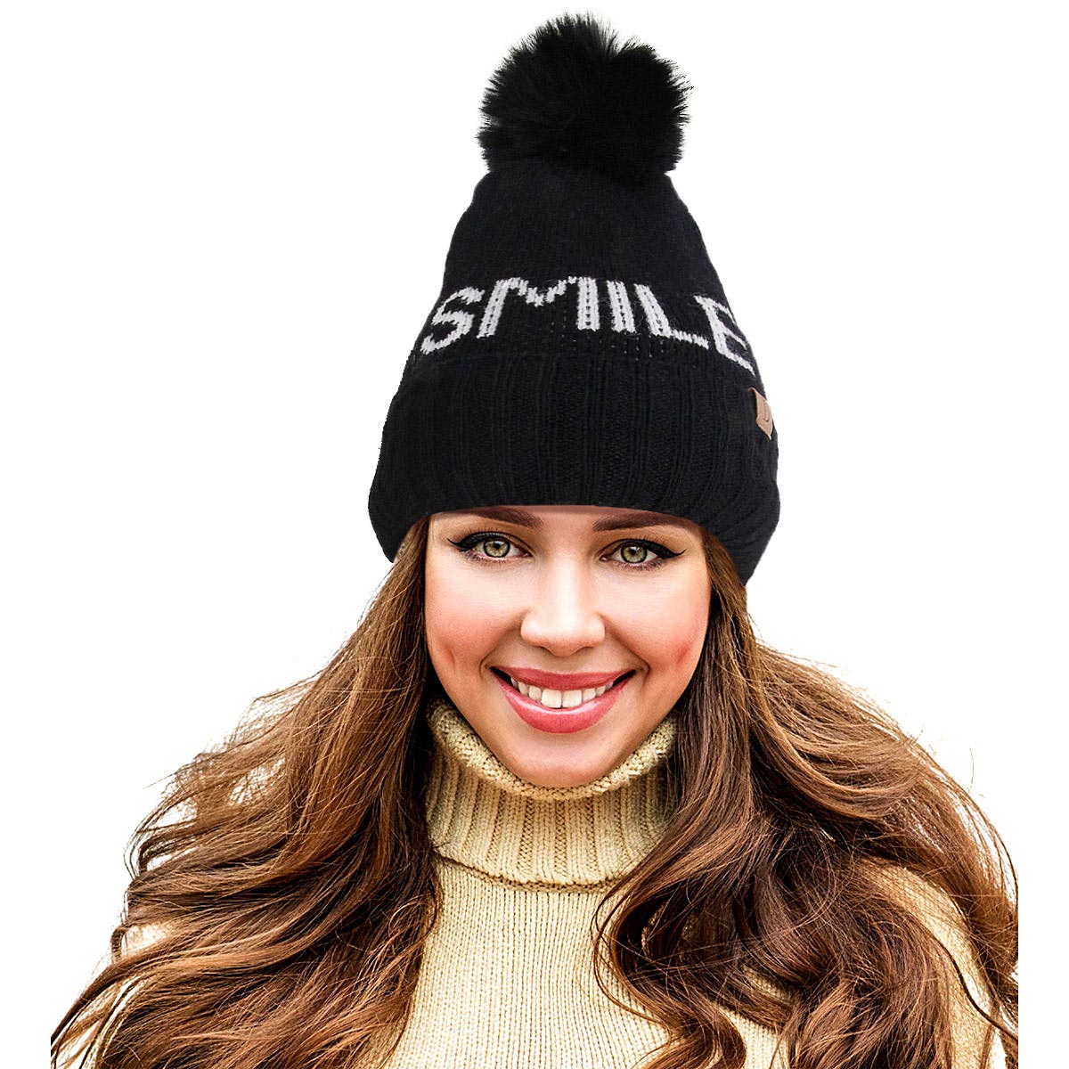Black SMILE Pom Beanie