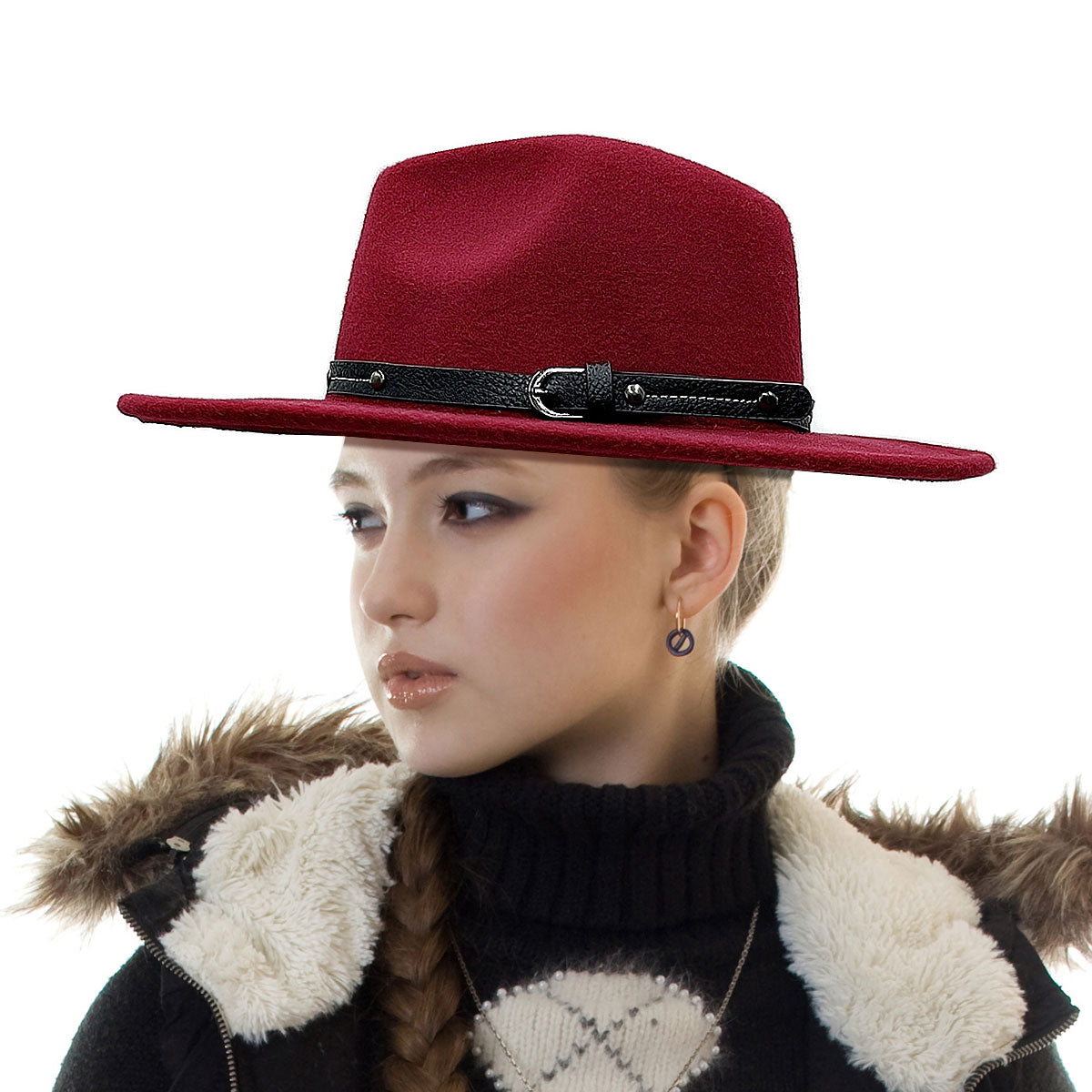 Buckle Burgundy Wide Brim Fedora
