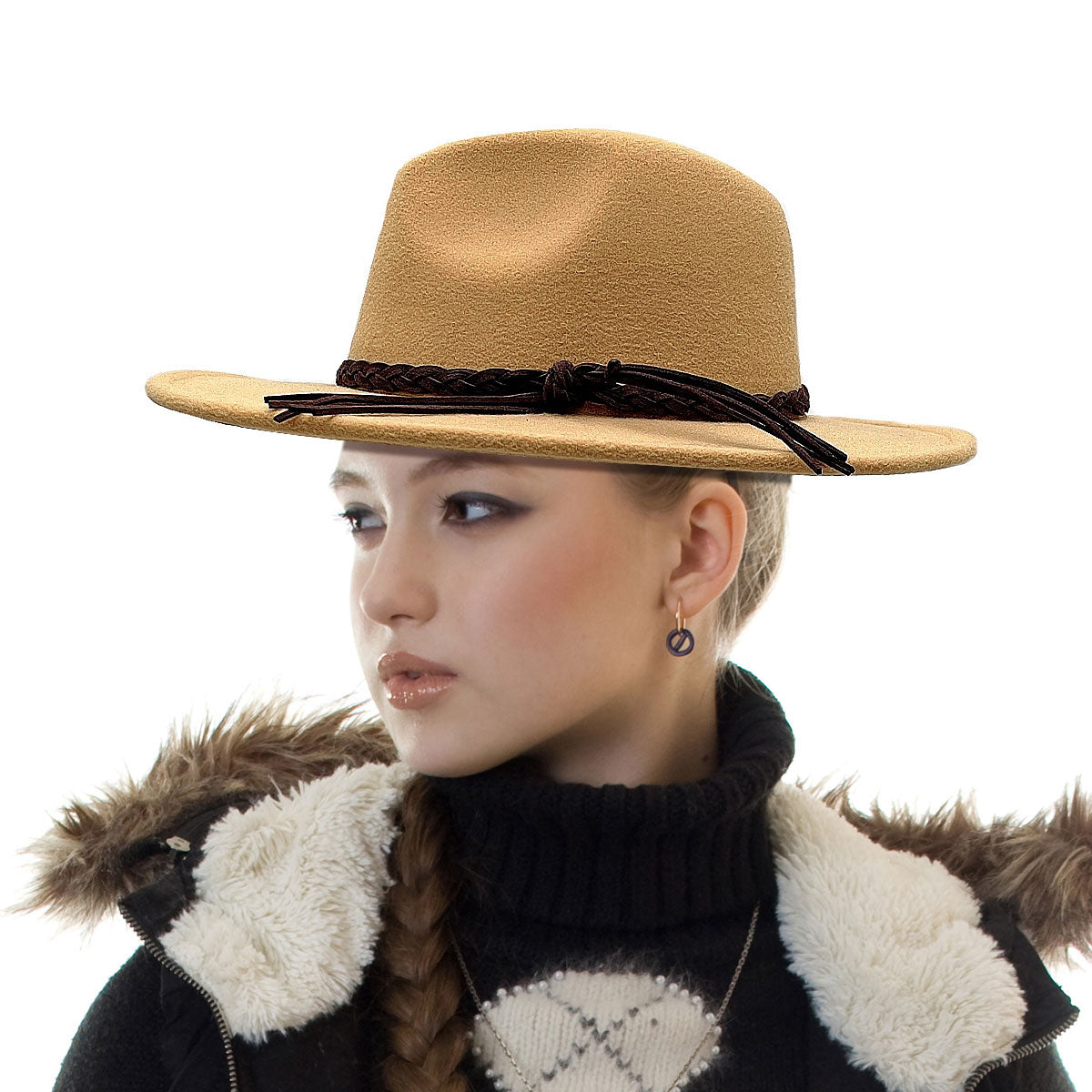 Braided Camel Wide Brim Fedora