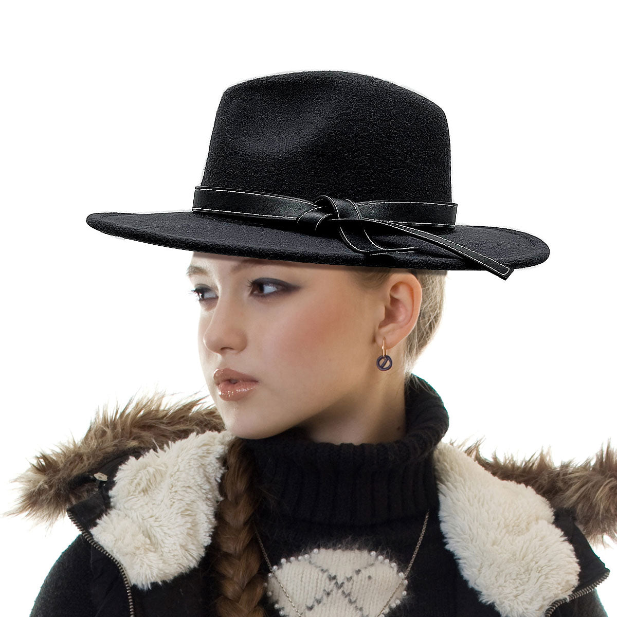 Leather Ribbon Black Wide Brim Fedora