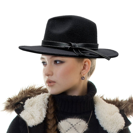 Leather Ribbon Black Wide Brim Fedora