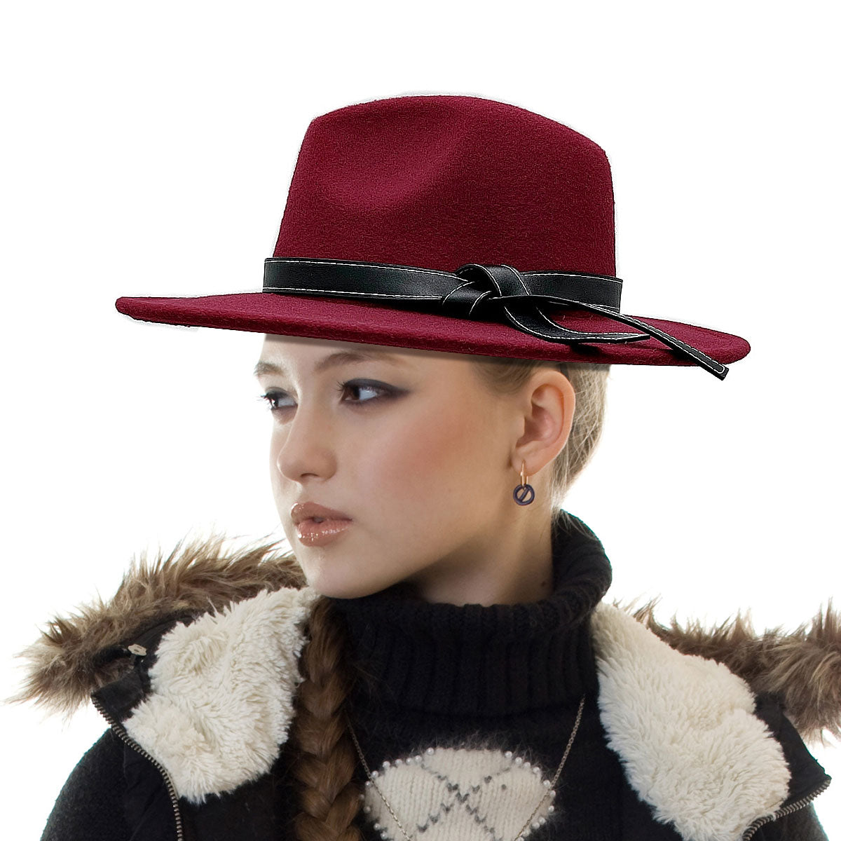 Leather Ribbon Burgundy Wide Brim Fedora
