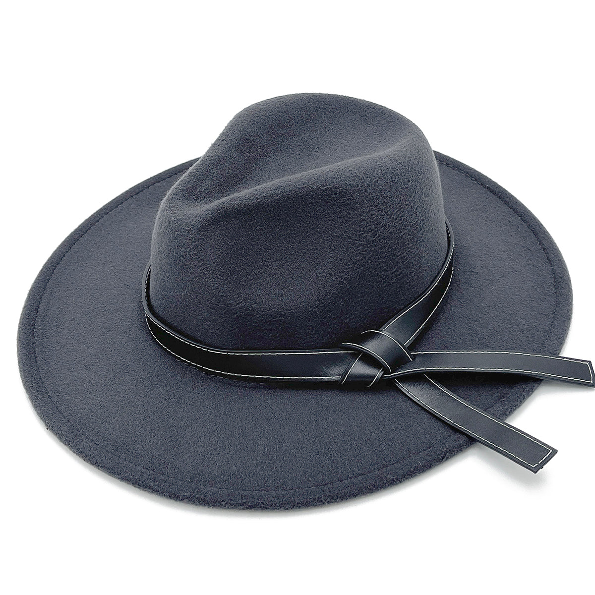 Leather Ribbon Gray Wide Brim Fedora