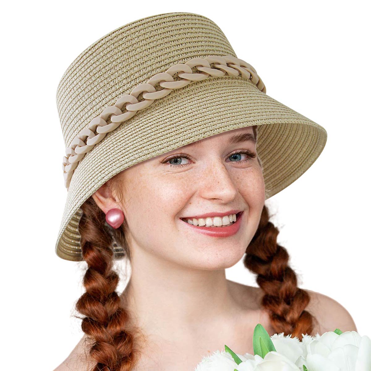 Beige Chain Straw Bucket Hat