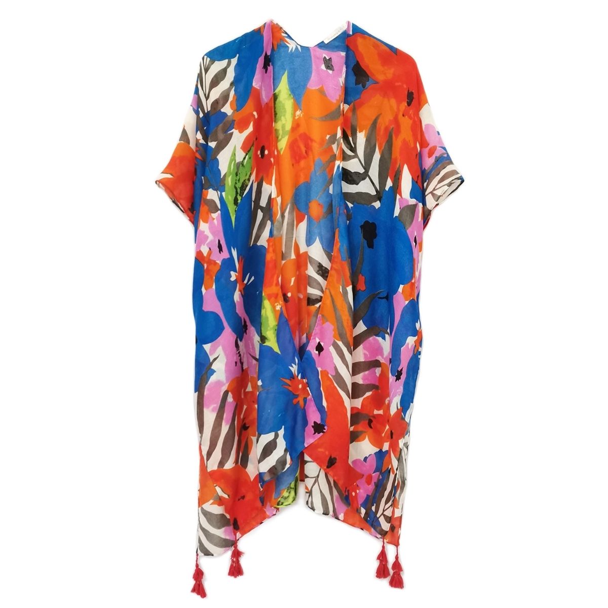 Blue Floral Watercolor Tassel Kimono