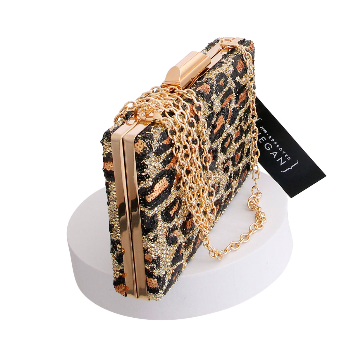 Gold Leopard Sequin Hardcase Clutch