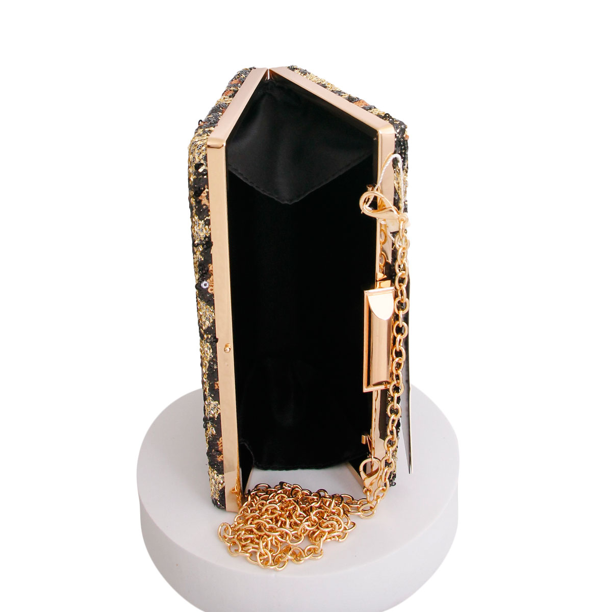 Gold Leopard Sequin Hardcase Clutch