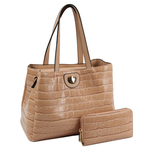 Light Brown Croc Tote Wallet Set
