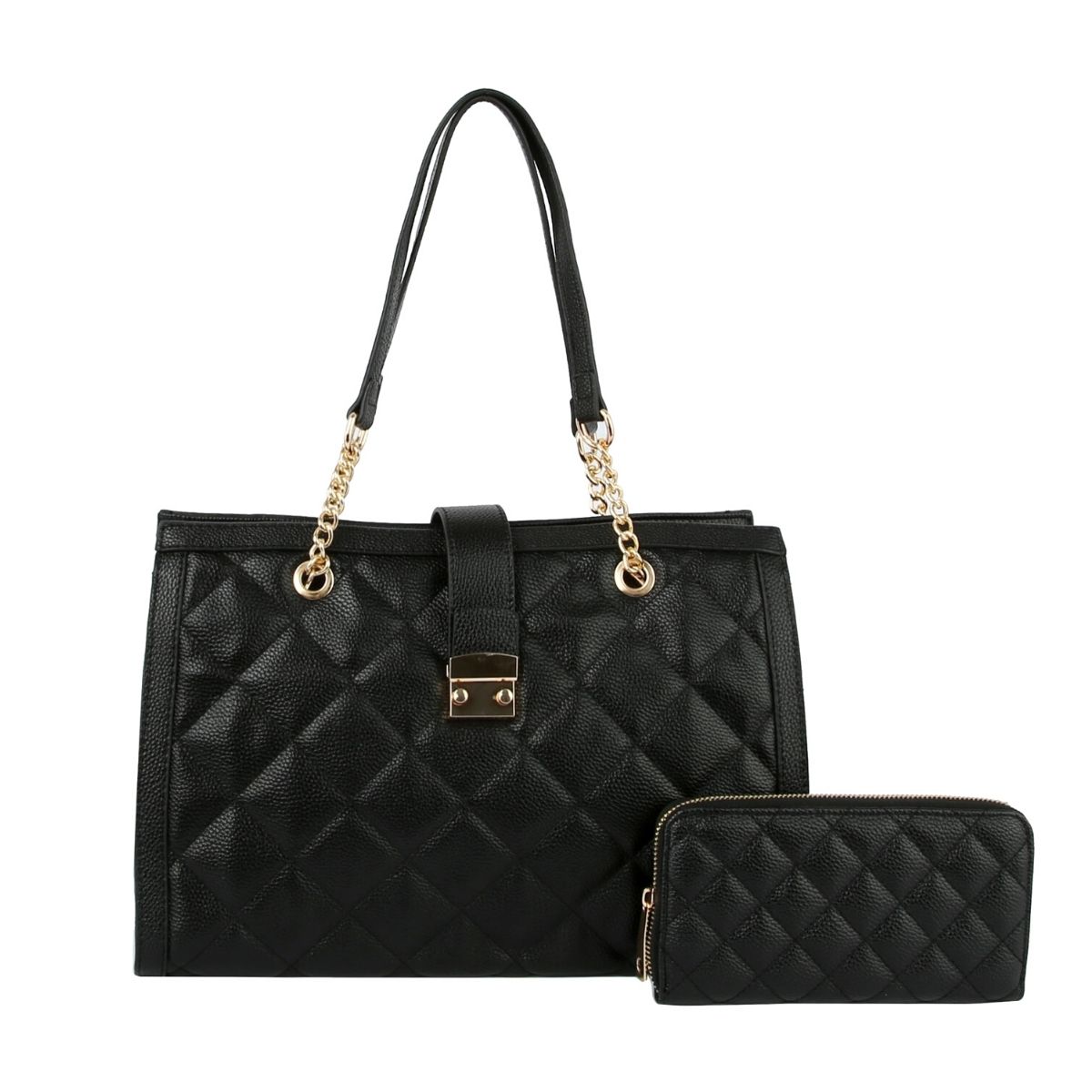Soft Black Quilted Tote Handbag Set