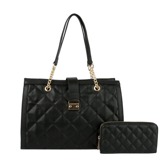 Soft Black Quilted Tote Handbag Set