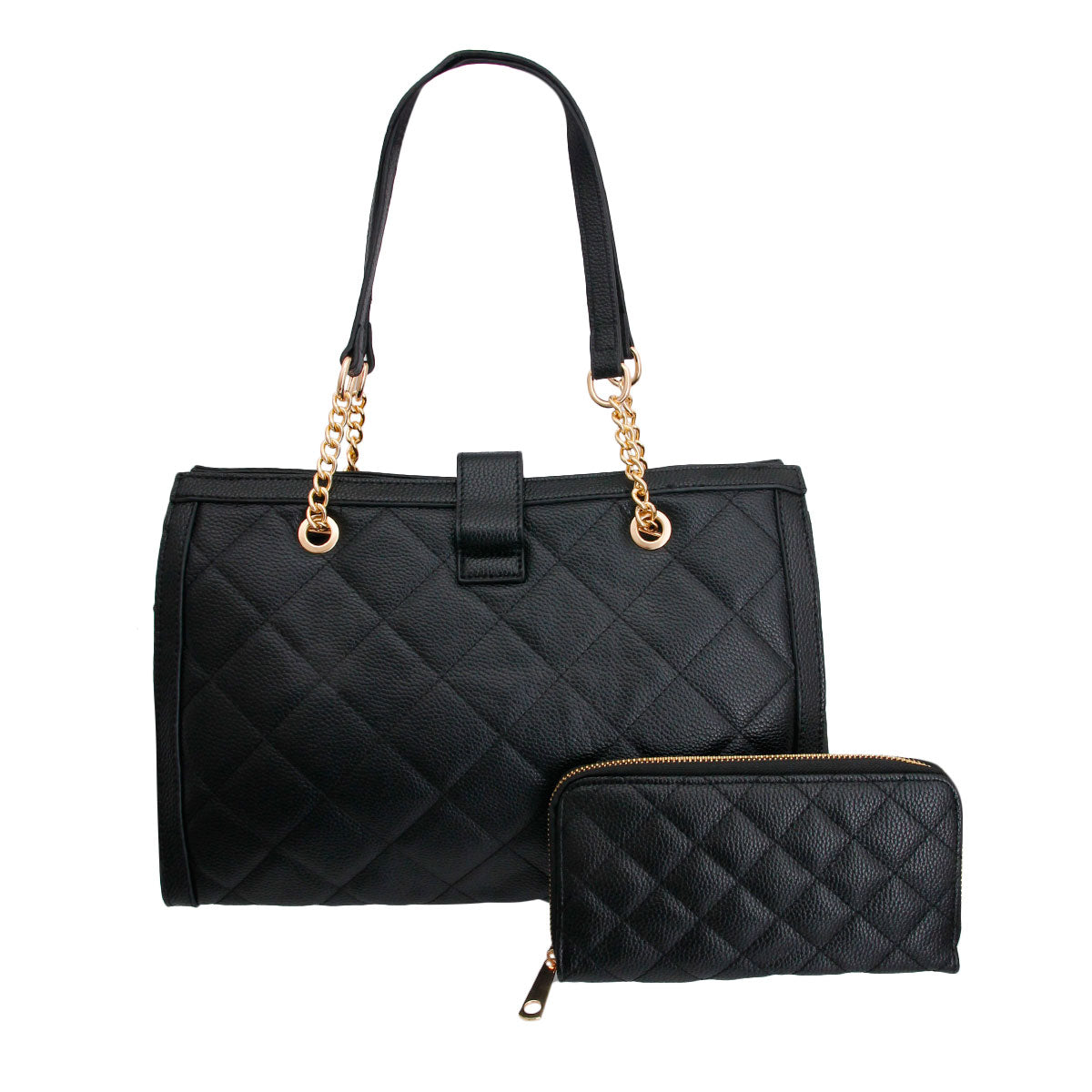 Soft Black Quilted Tote Handbag Set
