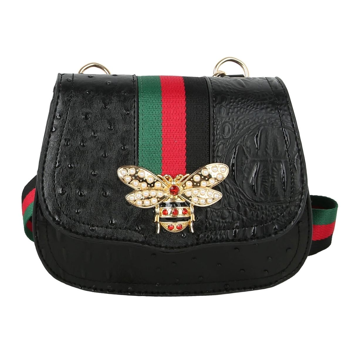 Black Ostrich Designer Saddle Crossbody