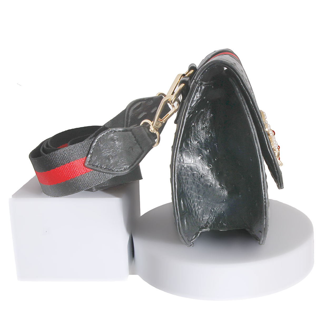 Black Ostrich Designer Saddle Crossbody