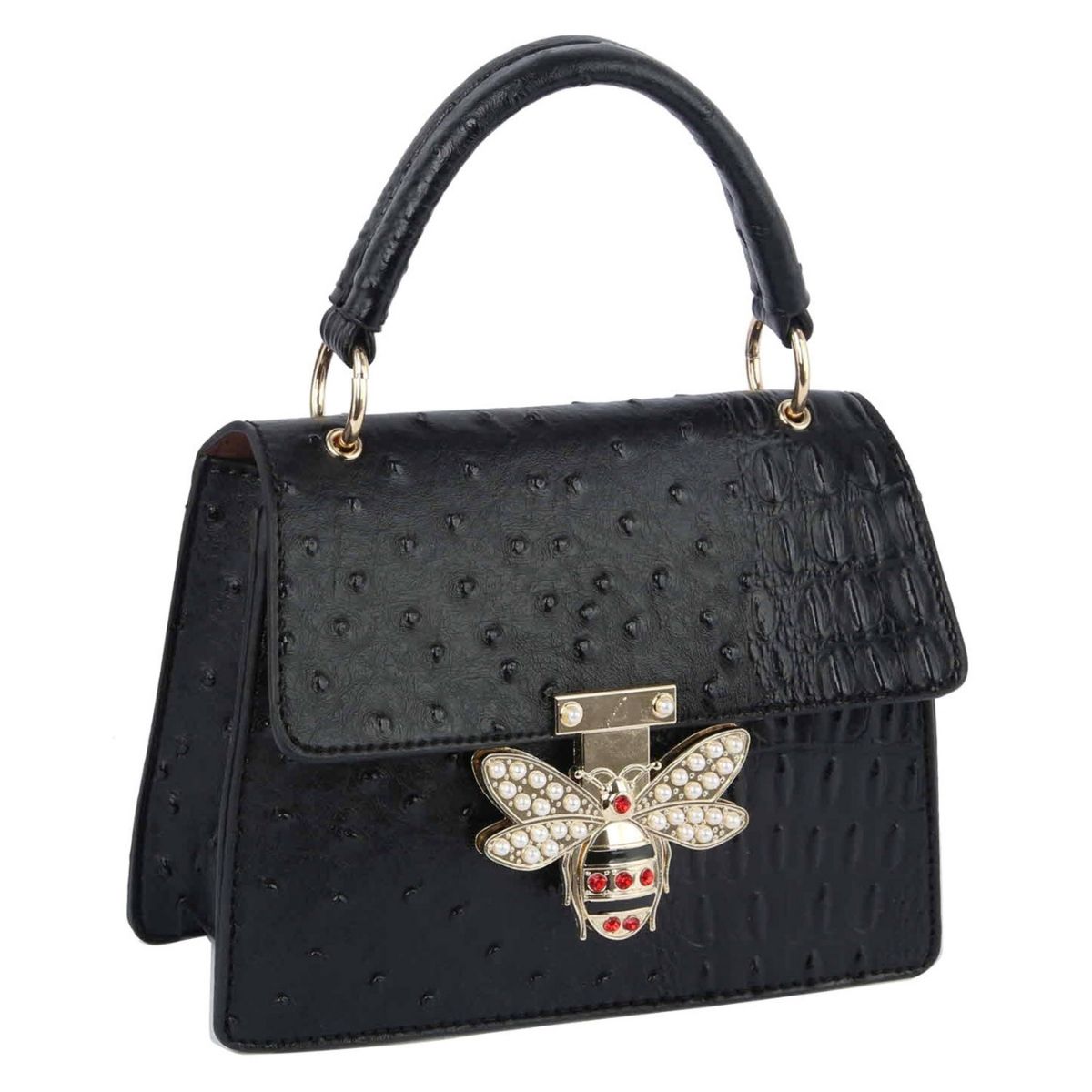 Black Ostrich Stripe Mini Satchel Bag