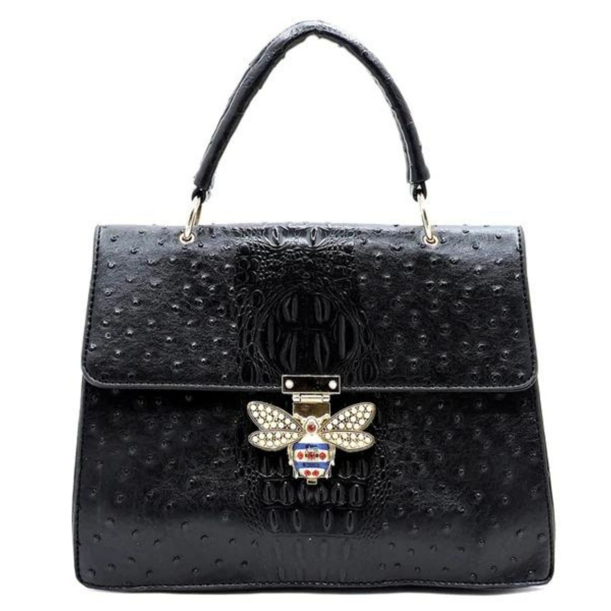 Black Ostrich Stripe Mini Satchel Bag