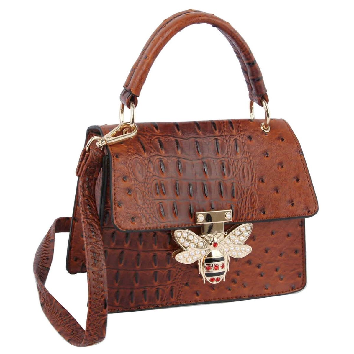 Brown Ostrich Stripe Mini Satchel Bag