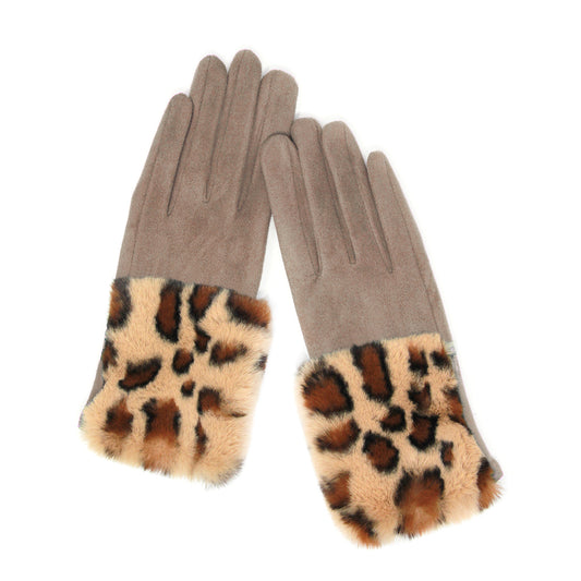 Taupe Leopard Fur Cuff Smart Gloves