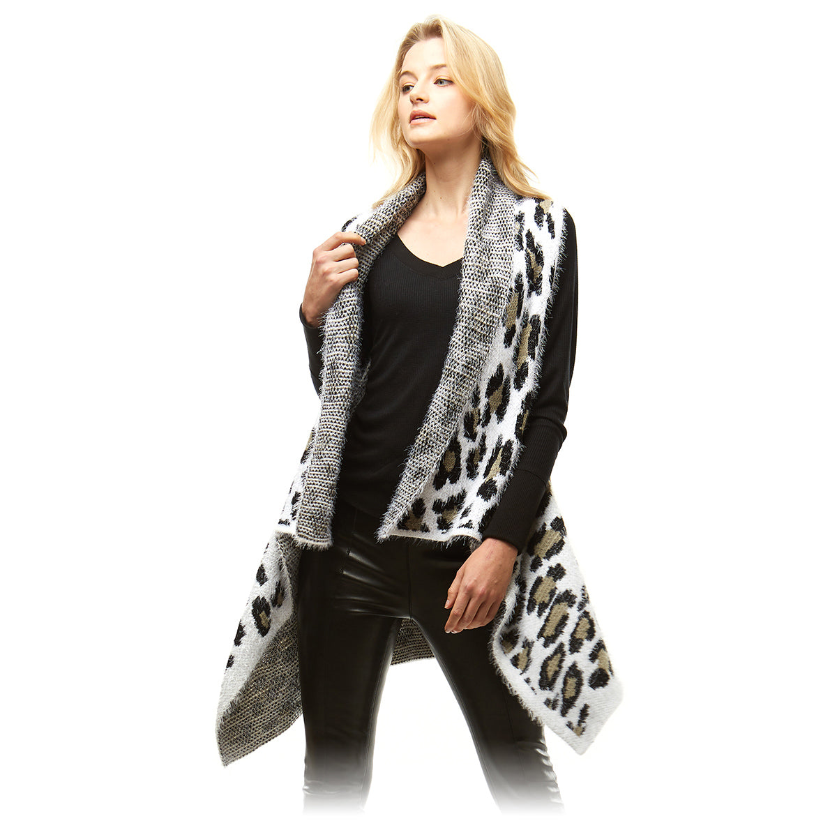 Black White Leopard Fuzzy Vest