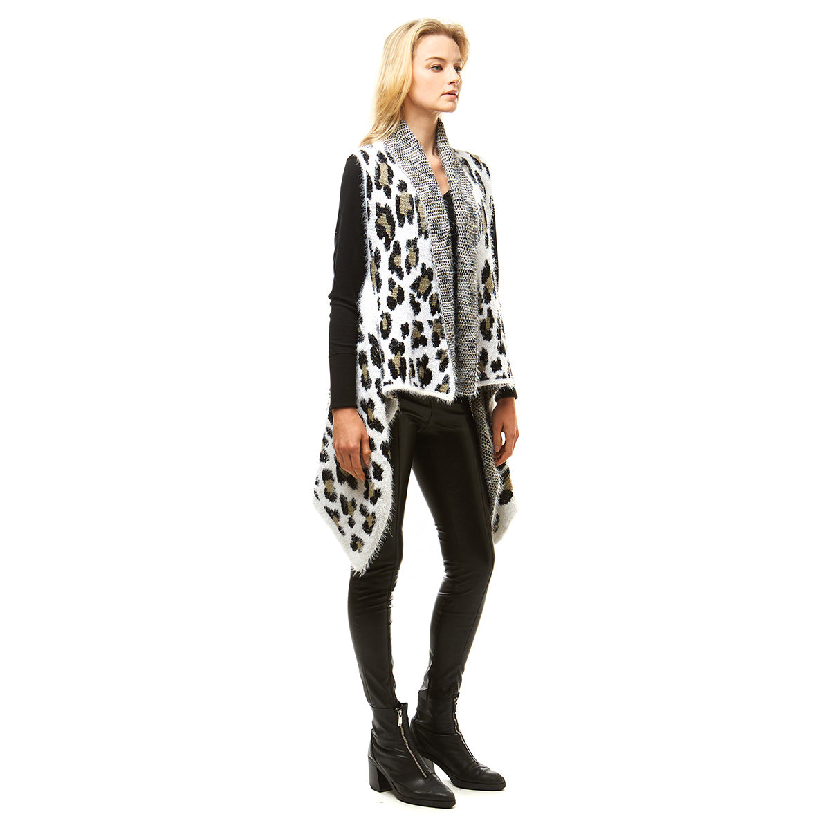 Black White Leopard Fuzzy Vest