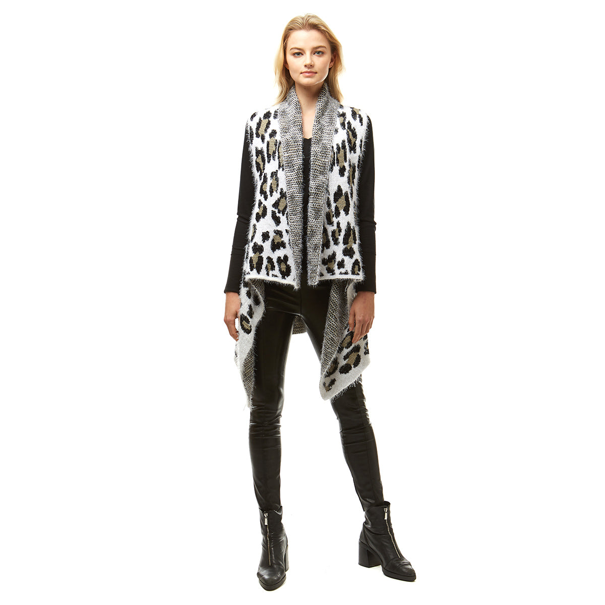 Black White Leopard Fuzzy Vest