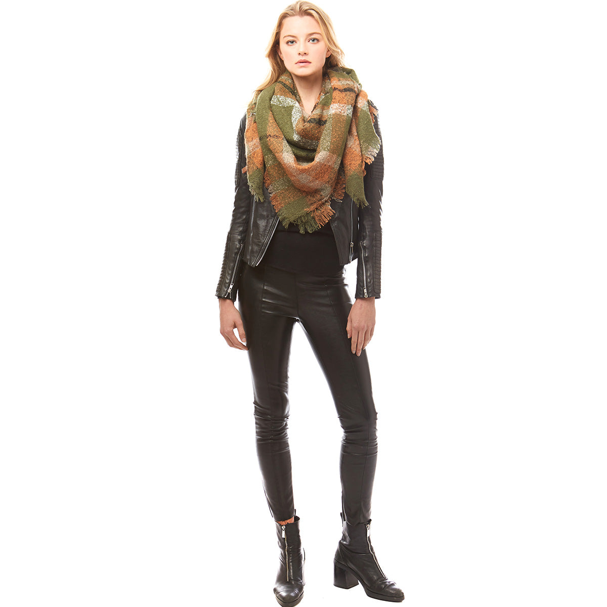 Olive Orange Plaid Square Blanket Scarf