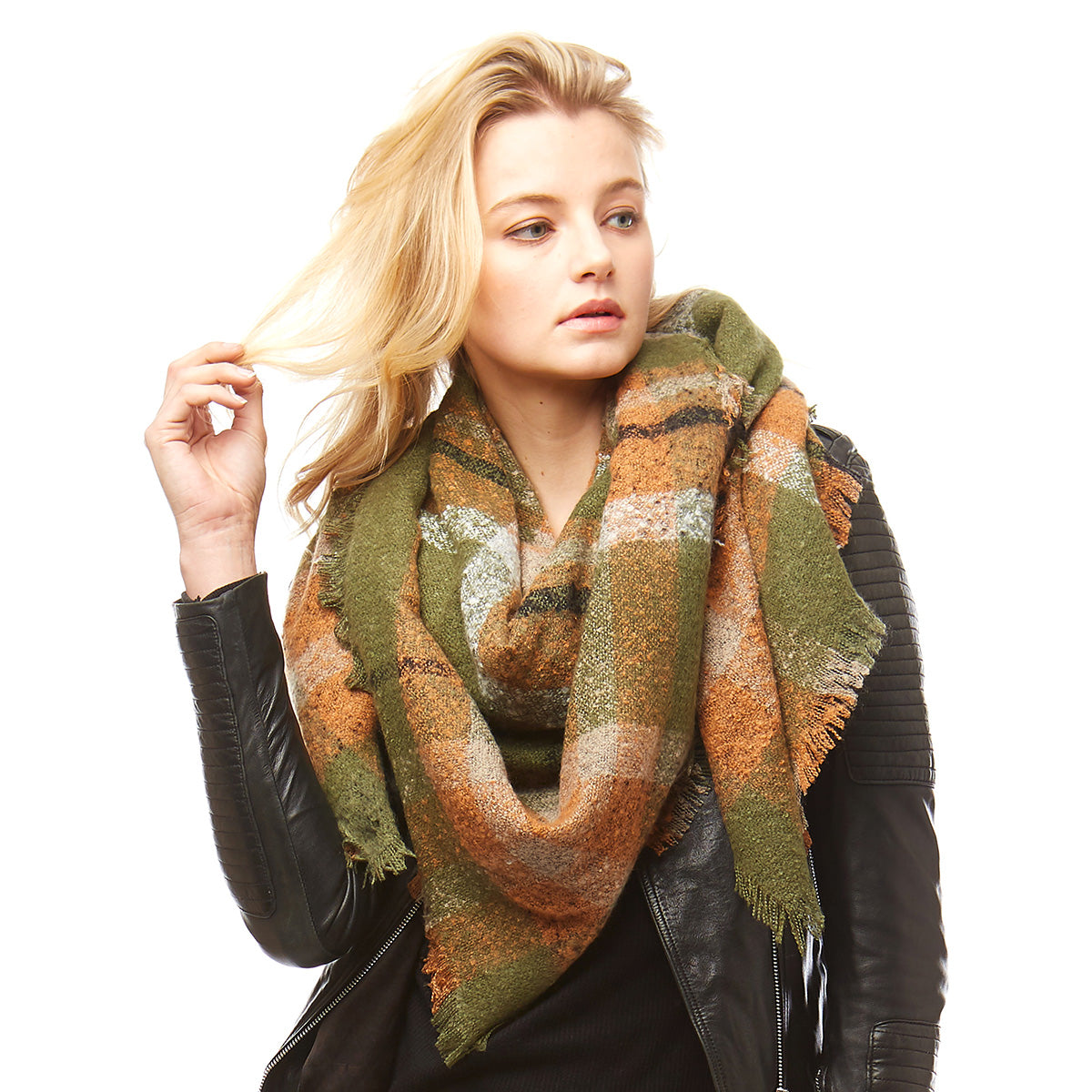 Olive Orange Plaid Square Blanket Scarf