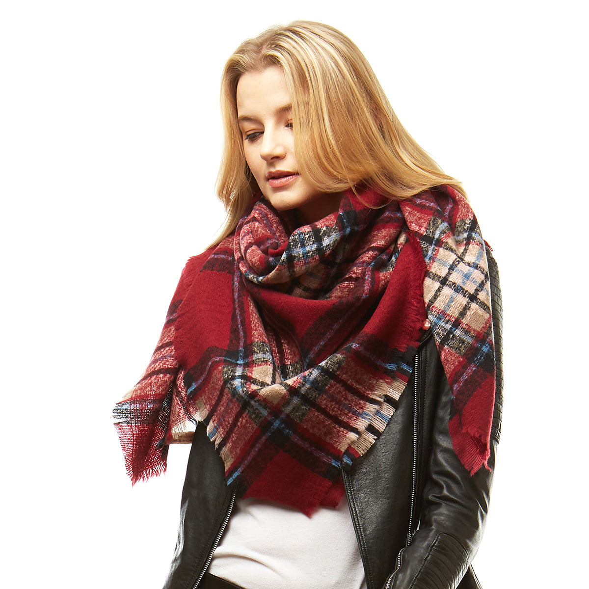 Burgundy Plaid Square Blanket Scarf