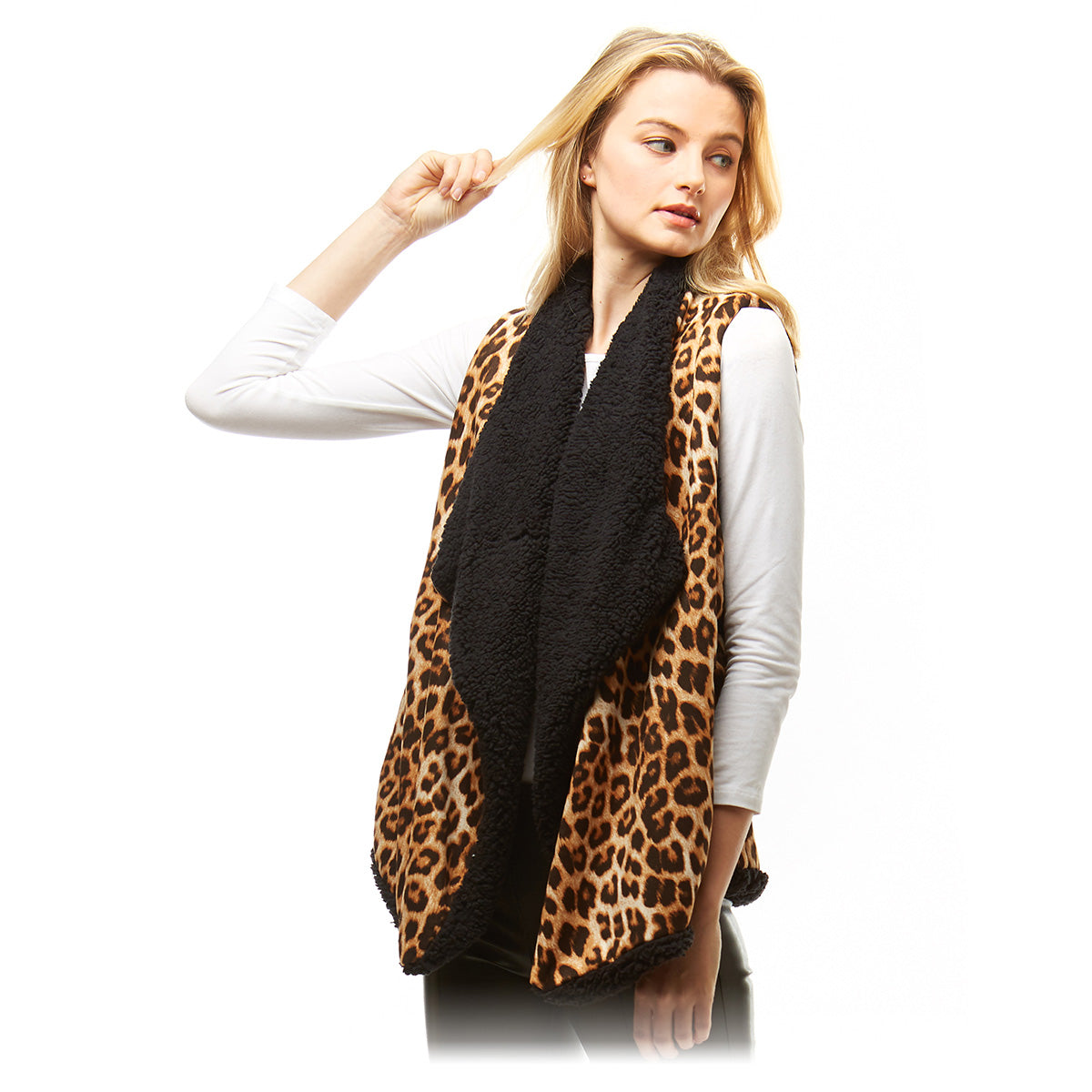 Brown Leopard Black Sherpa Vest