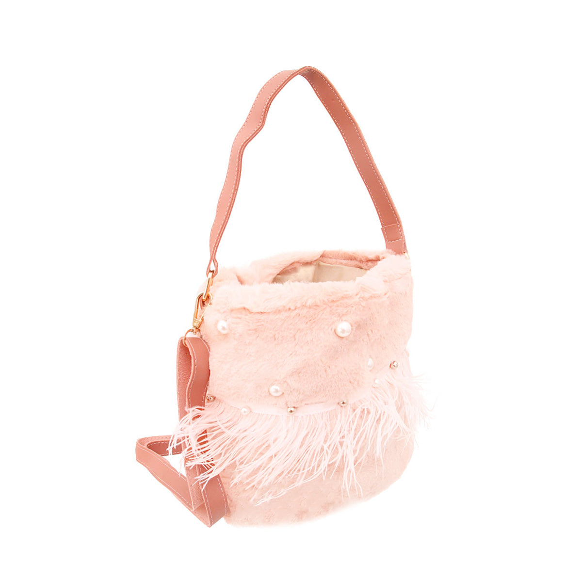 Mauve Fur Pearl Stud Bucket Bag