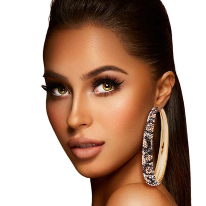 Leopard Rhinestone Lines Gold Hoops