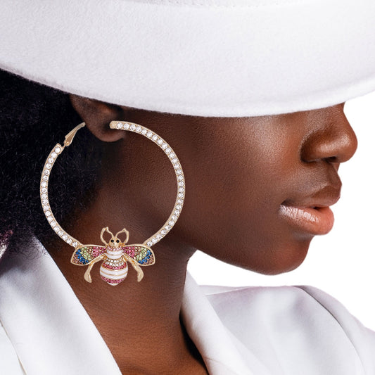 Gold Rhinestone Multi Color Bee Designer Hoops