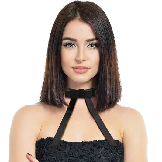 Black Leather Long Bow Choker
