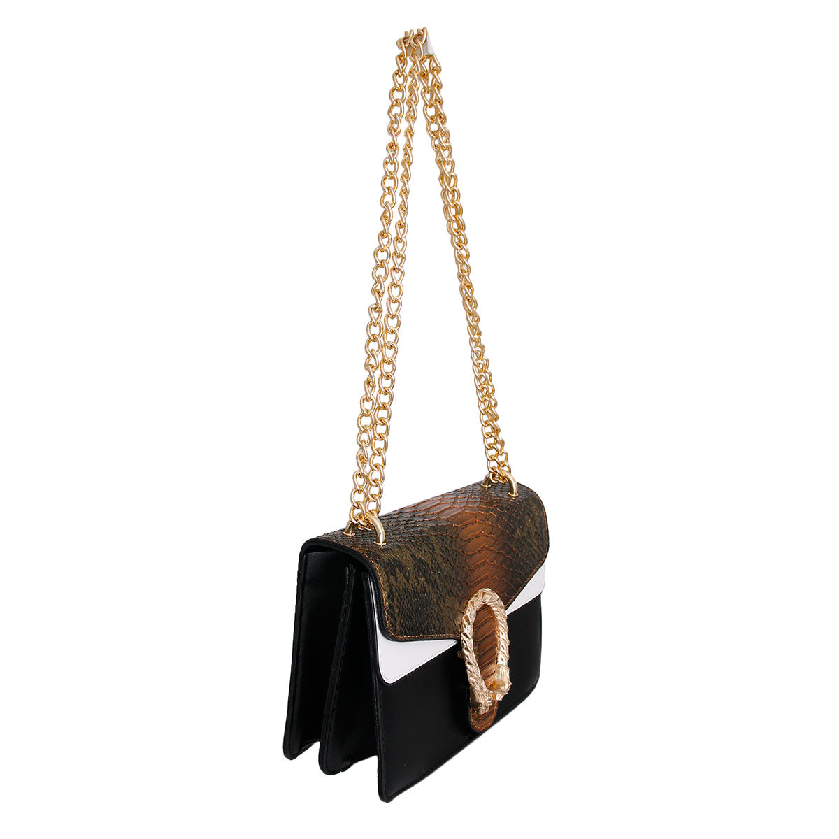 Brown Shiny Croc Flap Shoulder Bag